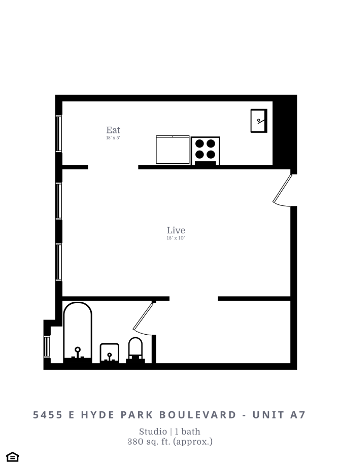 Floor plan for studio, 1 bath, 380 sqft